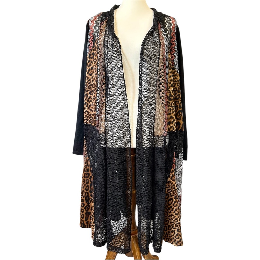 LaVanya Cardigan Duster 2X Open Front Black Brown Animal Print Crochet Patchwork